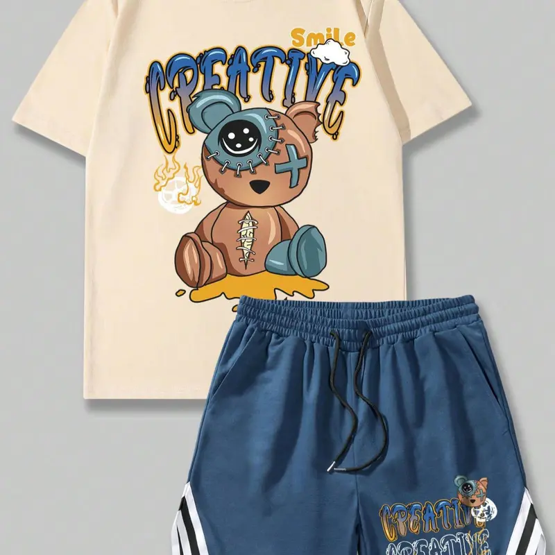 Men's 2pcs Cartoon Bear Graphic Tee & Contrast Trim Drawstring Shorts Set, Menswear, National Day Clothing, Casual Comfy Summer Sets Cozy Breathable Fabric Elastic Stretch Men Two-Piece Outfits for Summer