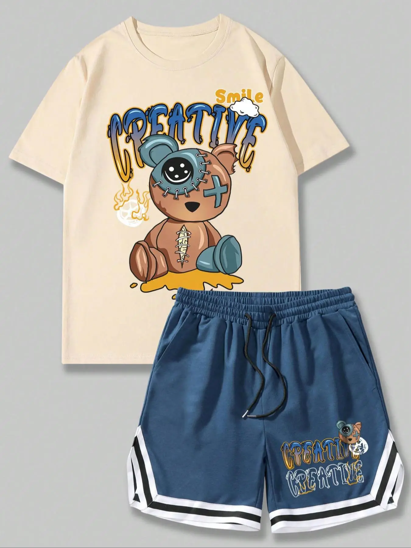 Two-Piece Set Men's Cartoon Bear Graphic Tee & Contrast Trim Drawstring Shorts Set, Regular Fit Round Neck Short Sleeve T-Shirt & Elastic Waist Pocket