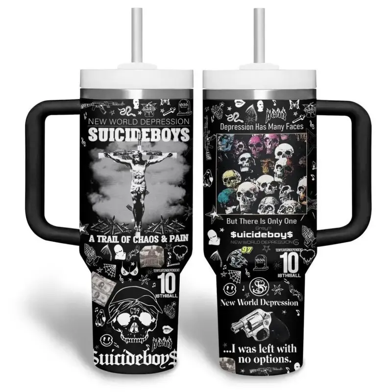$uicideboy$ New World Depression Custom 40oz Tumbler with Handle | G59 Grey Day Hip Hop Merch Insulated Travel Mug | Dark Aesthetic Stainless Steel Straw Cup Gift