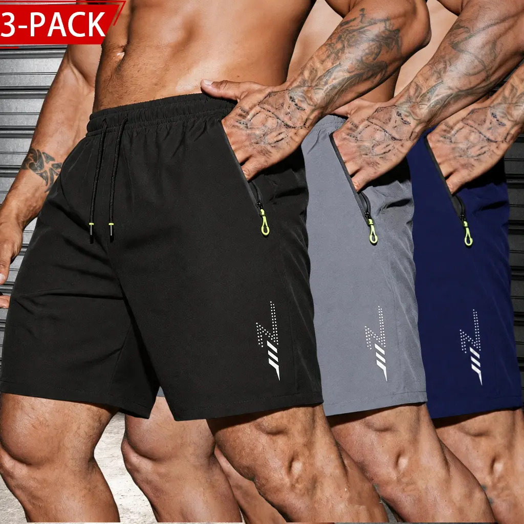 Men's 3-Pack Running-Cycling Shorts, Dry-Fit Lightweight Stretch Athletic Shorts with Zippered Pockets, Elastic Waistband, Lightning Graphic Print, Reflective Stripes, Suitable for Gym, Outdoor Activities, Dry-Fit Men's Shorts, Lightweight Men's Shorts