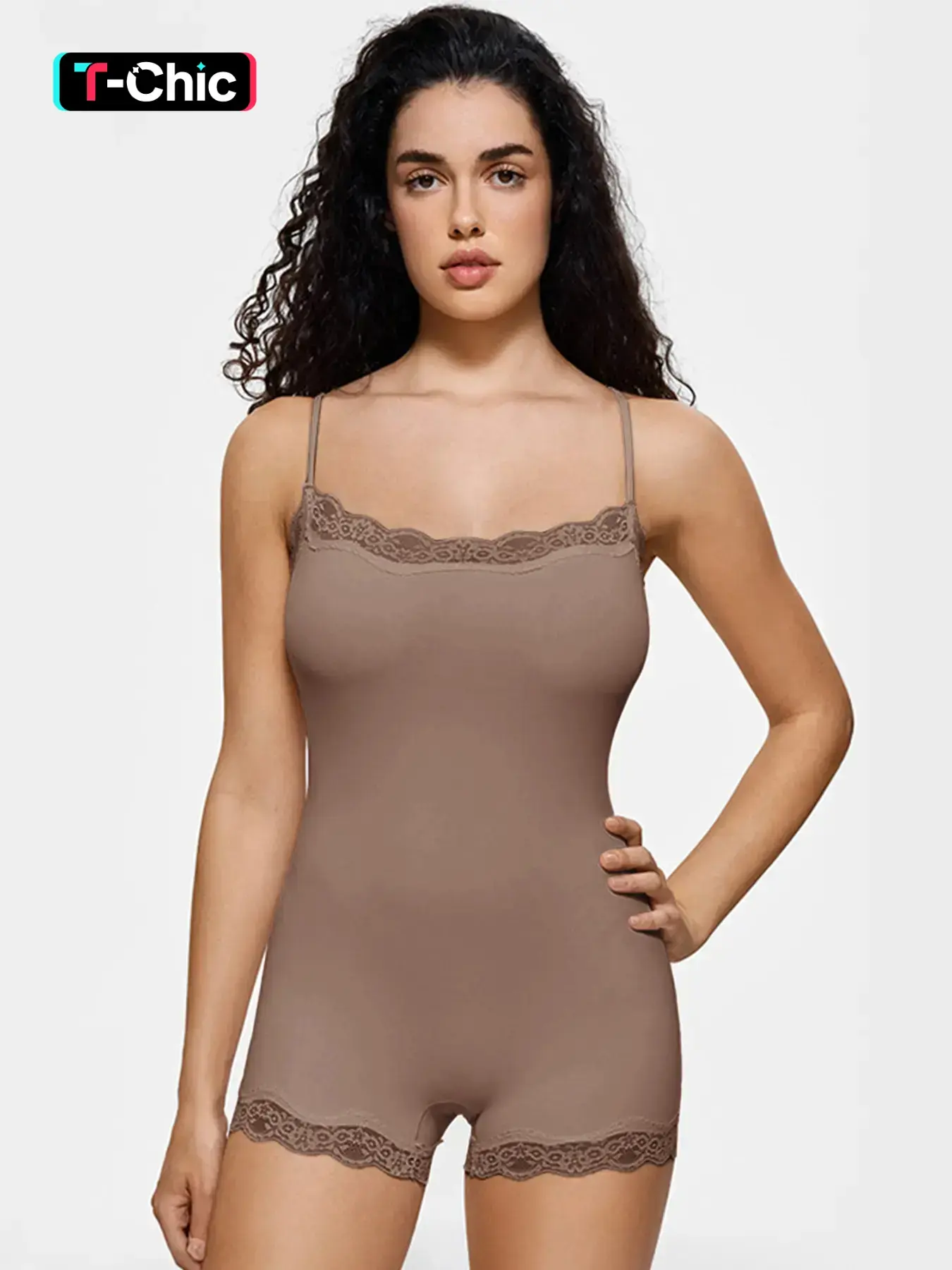 KatchMe Women's Basic Solid Color Spaghetti Strap Lace Trim Seamless Sculpting Bodysuit, Body Shaperwear, Shapewear