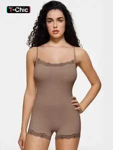 KatchMe Women's Basic Solid Color Spaghetti Strap Lace Trim Seamless Sculpting Bodysuit, Body Shaperwear