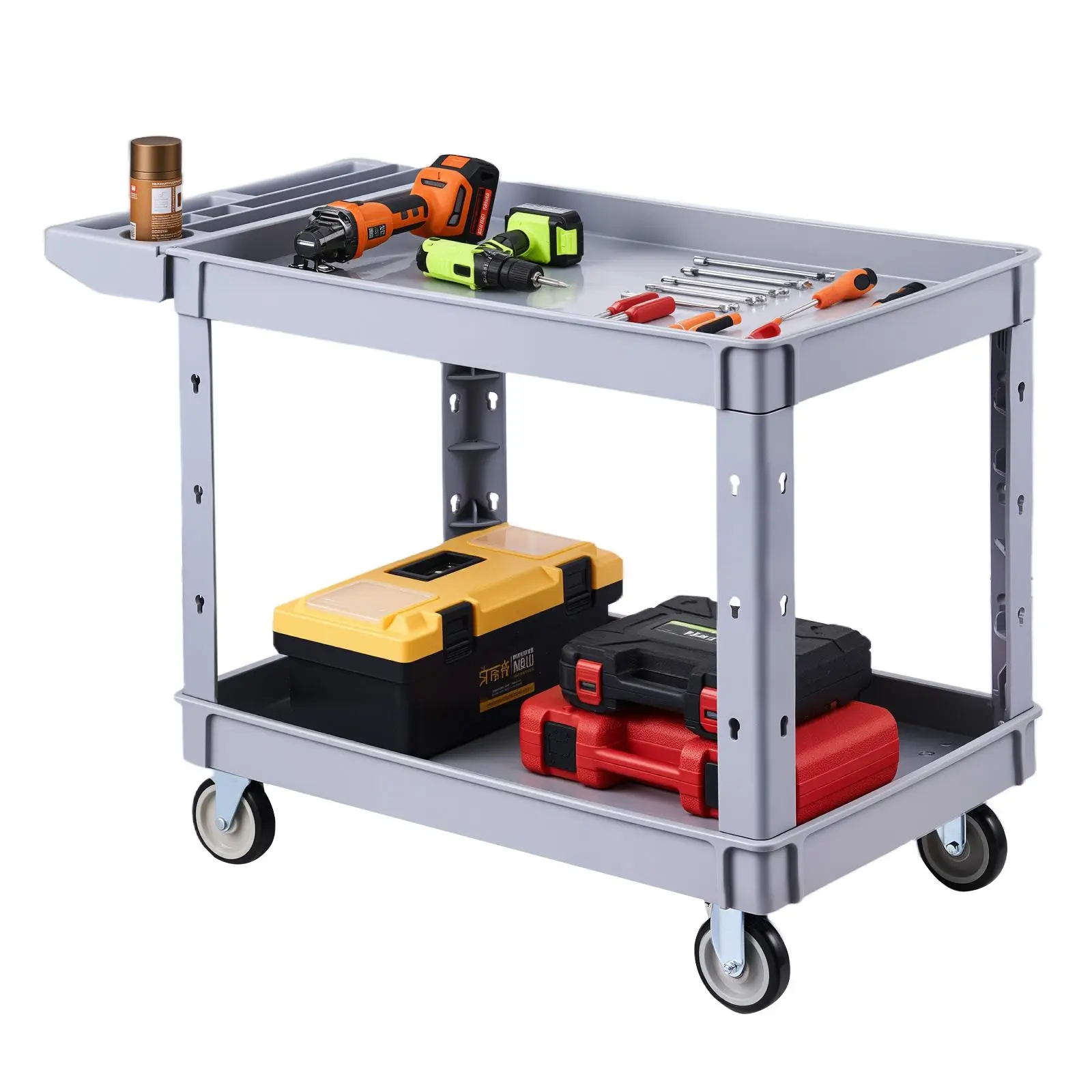 【Summerfinds】VEVOR Rotating Wheels Utility Cart, Durable 2-Layer Heavy-Duty Plastic Organiser Rack, 550 lbs Capacity, 360° Swivel & Fixed Wheels (2 with Brakes), Storage Tray for Garage Renovation, Rotating Wheels Utility Carts