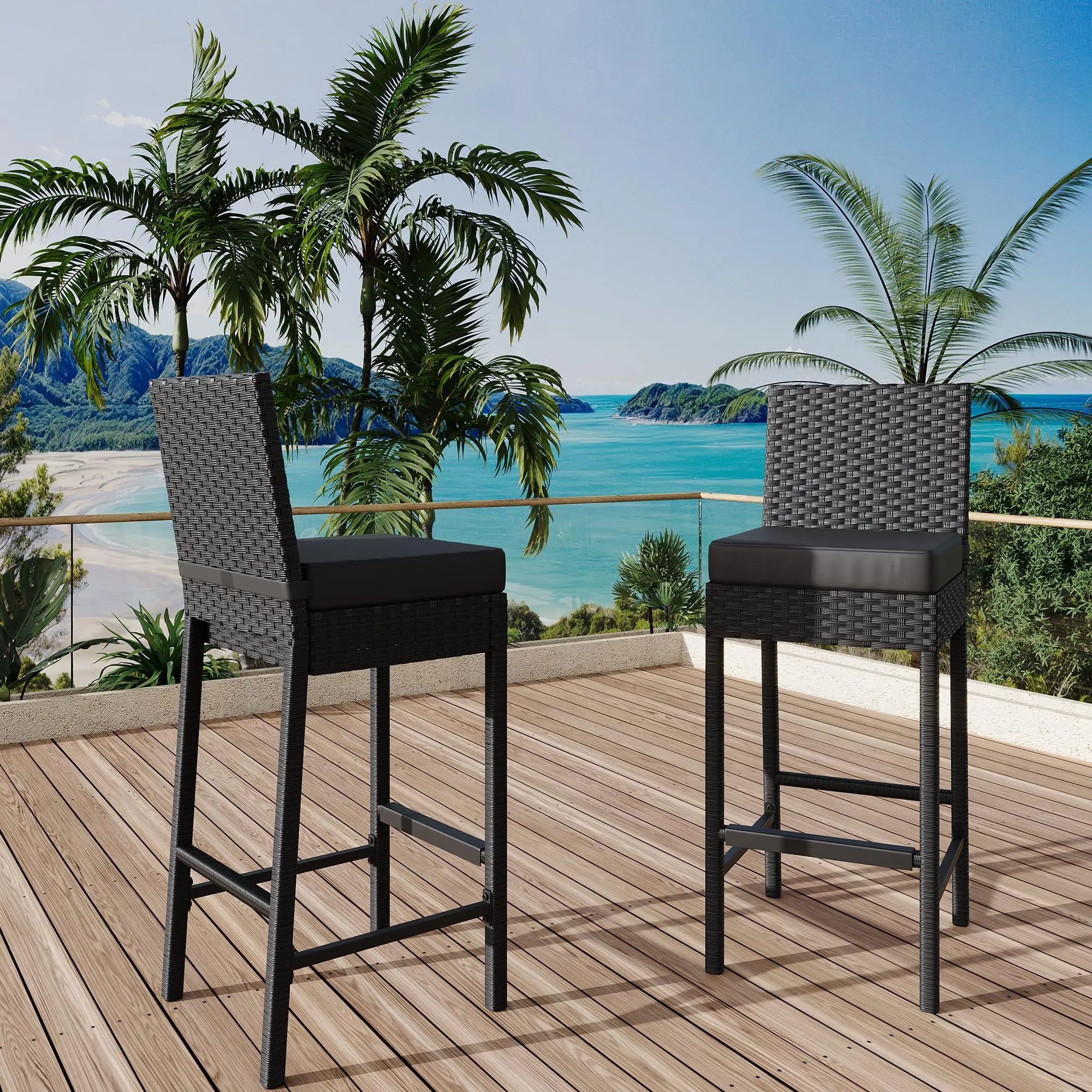Patio Wicker Barstools With Cushions, Outdoor Wicker Bar Stools Set of 2, Outdoor Rattan Bar Height Stool Set Armless for Backyard, Poolside