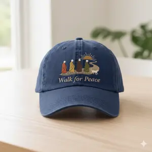 Walk For Peace Washed Hat, Zen Monk Walking Graphic Cap, Buddhist Compassion Aesthetic, Pigment Dyed Vintage Hat, Unisex Spiritual Streetwear