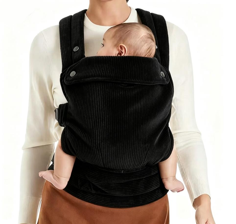 Ergonomic black corduroy baby carrier, lightweight & hands-free design. Fits infants & toddlers 7–44 lbs (3–20kg). Great for outdoor strolls, travel trips, ideal baby shower gift for new parents.