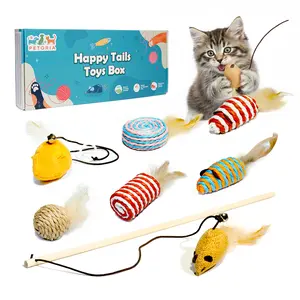 Natural Cat Toys Set, Eco-Friendly Interactive Toys with Feather Mice, Fiber Balls, Wand & Teething Toys | Gift for Cats & Kittens