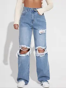Women's Plain Ripped Jeans, Casual Comfy Pocket Design High Waist Jeans for Daily Wear, Ladies Bottoms for All Seasons, Baggy Pants
