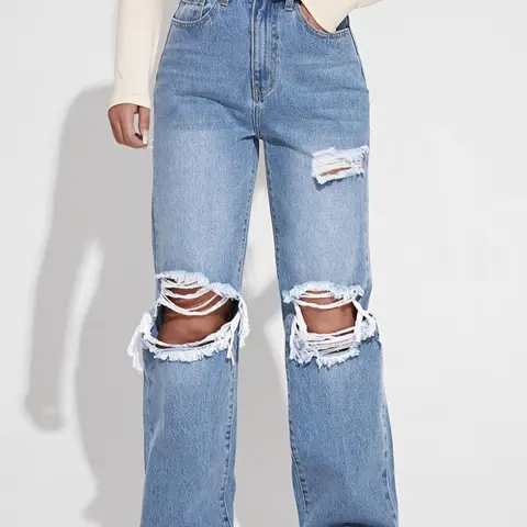 Women's Plain Ripped Jeans, Casual Comfy Pocket Design Frayed Edge Design High Waist Loose Fit Oversized Jeans for Daily Wear, Ladies Bottoms for All Seasons, Baggy Pants, Everyday