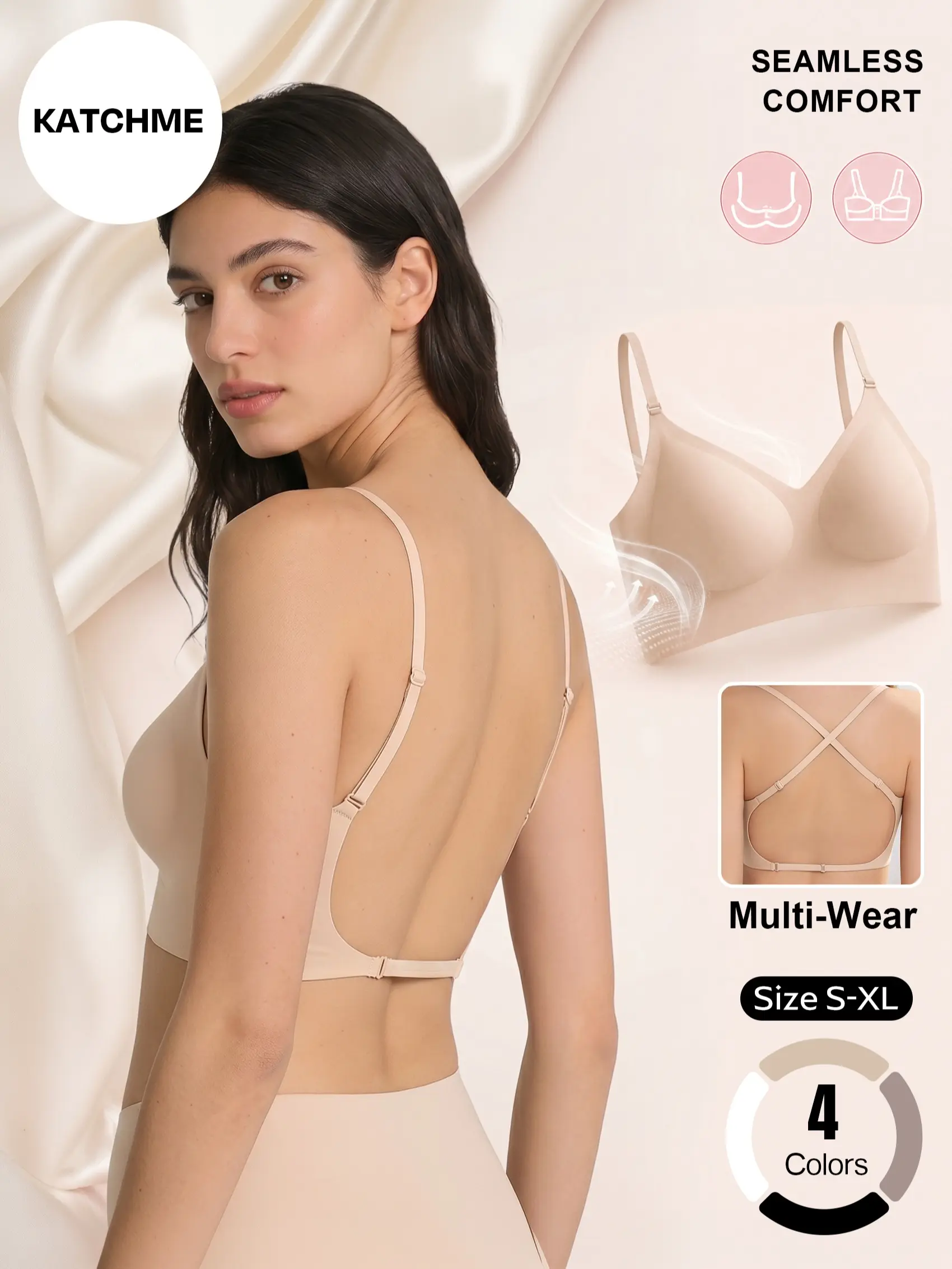 Katch Me Chic Women's Versatile Seamless Thin Strap Wirefree Push-Up Bra, Jelly Support Backless Convertible Multi-Style Bra for Daily Wear, Moisture-Wicking No Irritation Skin-Friendly Fabric
