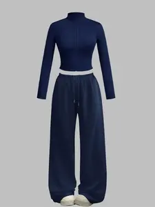 Women's Sporty Yoga Set, Long Sleeve Zipper Jacket & High Waist Pants, Casual Home Wear, Casual Sportswear, Fashionable Solid Color, Sweatsuit Sets, Yoga Clothes Set, Fitness Casual Wear, Sporty Chic Outfit