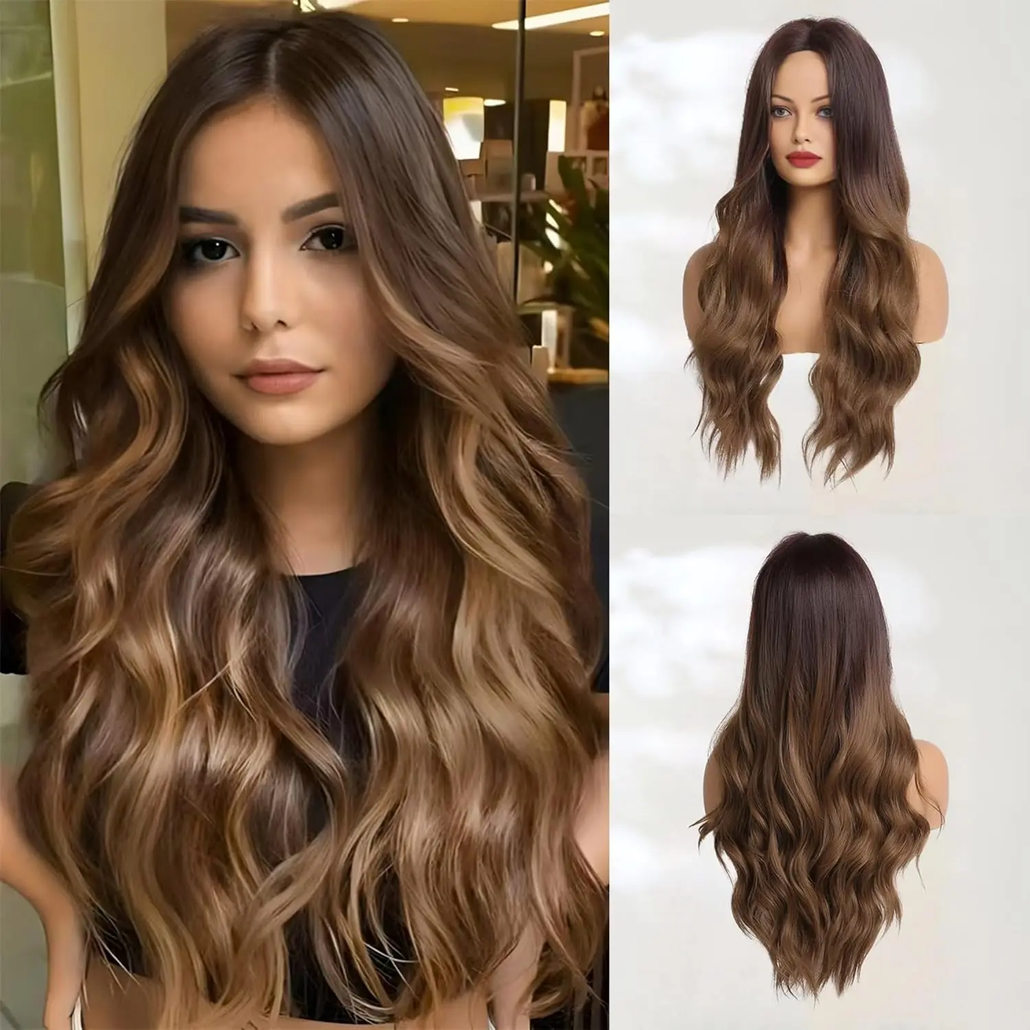 Women's 26-Inch Classic Waves Synthetic Wig - Female, Natural Ombre Chestnut Brown Long Style, High Temp Fiber Heat-Resistant, Average Cap Size 21"-23" Adjustable, for Daily Use, Parties, Dating