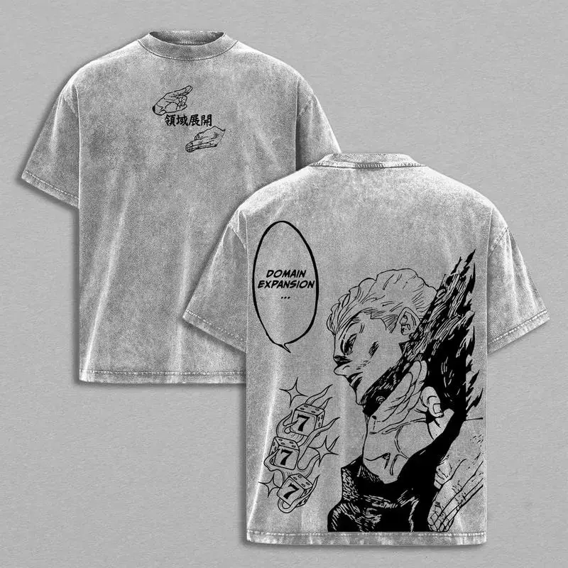 Men's Oversized T-Shirt, Hakari Kinji Jujutsu Kaisen Graphic, Round Neck Streetwear Top in Vintage Washed 230gsm Heavyweight Cotton, Graphic Print, Heavyweight Tee, Rib, Short, M, L, Tshirt