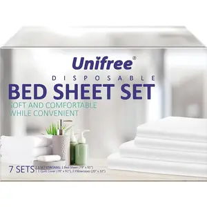 Unifree 7 Sets Disposable Bed Sheets Travel Sheets for Hotel,Portable Bedding Cover Bedspread, Disposable Bedding Set with 79"X91"Bed Sheet and Quilt Cover, 2 Pieces 20"x32" Pillowcase