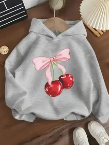 Girls' Cherry Bow Hoodie, Butterfly Knot Print, Sweet Style, Soft Fabric, Casual Daily Wear, Spring & Fall Fashion, Graphic Casual Hoodie