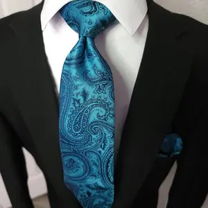 Teal Blue Paisley Silk Tie Pocket Square Cufflink Set