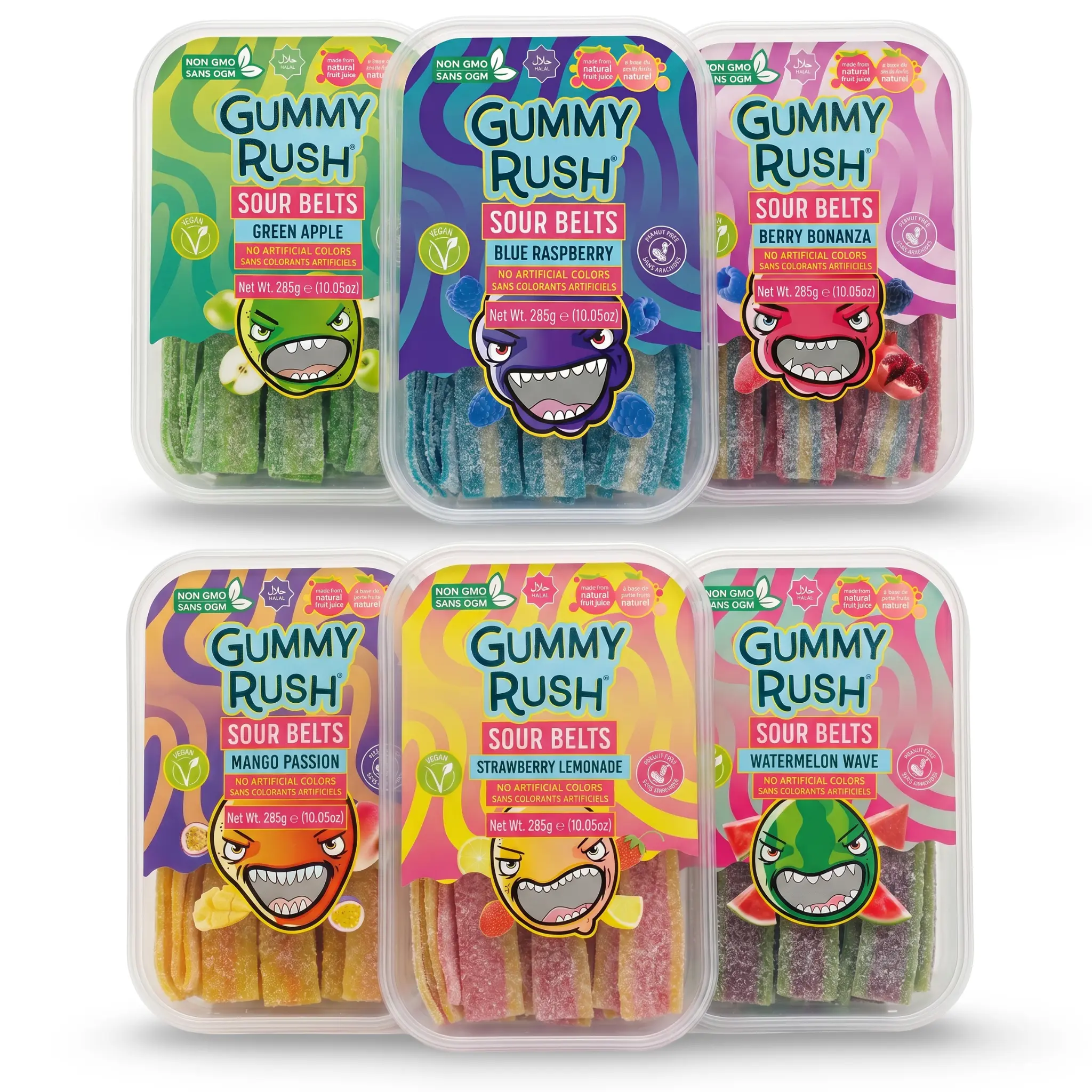Gummy Rush Sour Belts, 10oz Container, Non GMO, Real Fruit Juice, No Artifical Colors, Top 6 Allergen Free | Choose Your Flavor