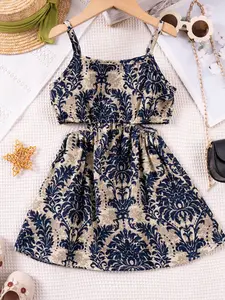 2pcsGirls' Summer Fashion Sleeveless Dress Set, Casual Elegant Floral Print Dresses, Comfortable Daily Wear for Girls, Sleeveless Tank Dress