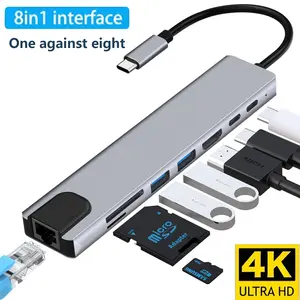 8-in-1 USB-C Hub Type-C to 4K HDTV Adapter with 100m RJ45 SD Card Reader and Fast Charging for MacBook and Windows Laptops
