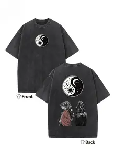 Washed pure cotton men's animation T-shirt, specially created for otaku fans, unique fashion style, full of geek style, street casual printed T-shirt, cool design, trendy appearance, comfortable fit, daily wear, showing personality