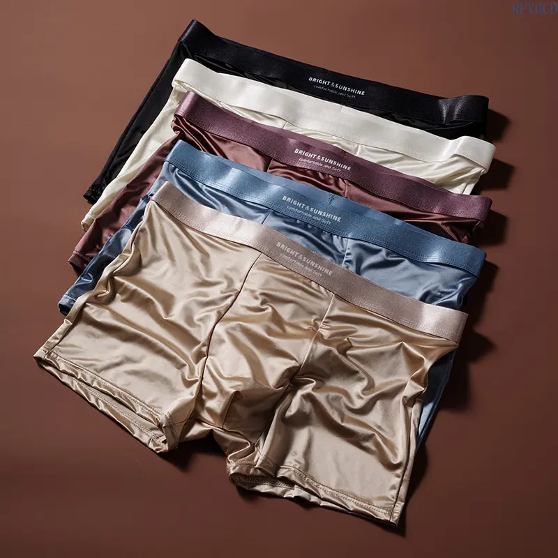 Men's Ice Silk Satin Boxer Briefs 10A Antibacterial Crotch Seamless Silky Smooth Ultra Soft Breathable Quick Dry Underwear For Daily Gym Sports All Day Wear