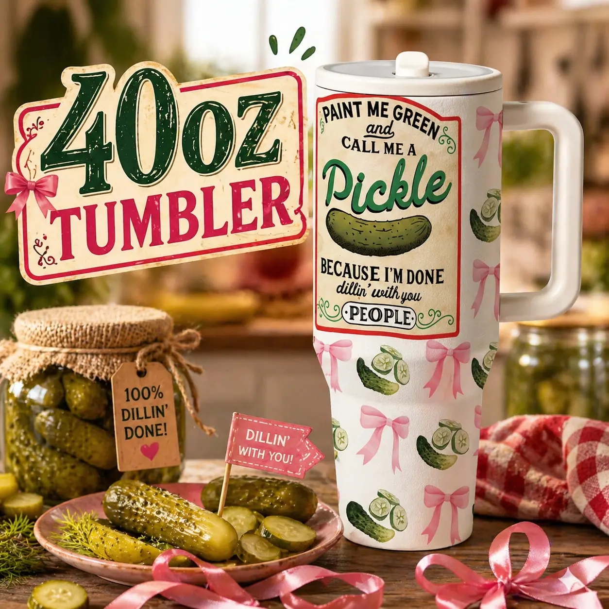 1 Pc 40oz Pickle Quote Thermal Mug Tumbler, Insulated Drinkware, Double Wall Insulated, Keeps Hot 12h Cold 24h, Leak Proof Lid, Large Capacity Vacuum Cup with Handle, Cute Bow Cucumber Design Gift for Women Men, Christmas, Halloween, Birthday Flask