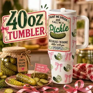 1 Pc 40oz Funny Pickle Quote Thermal Mug, Double Wall Insulated, Keeps Hot 12h Cold 24h, Leak Proof Lid, Large Capacity Vacuum Cup with Handle, Cute Bow Cucumber Design Gift for Women Men, Christmas, Halloween, Birthday, Holiday Party