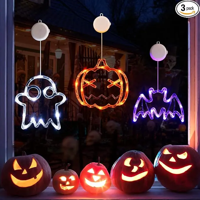 3 Pack Halloween Window Lights, Pumpkin Ghost Bat Decorations with 8 Flashing Modes, Battery Operated Indoor Window Lights with Suction Cups & Timer
