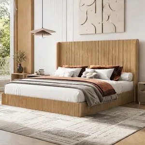 ARCH King Size Mid-Century Fluted Wood Bed Frame with Tall Wingback Headboard, Low Profile Platform Bed, No Box Spring Needed, Natural Wood Finish, Iron & Pine Wood, Easy Assembly for Bedroom Guest Room, King Size Options, Natural Wood Color Options