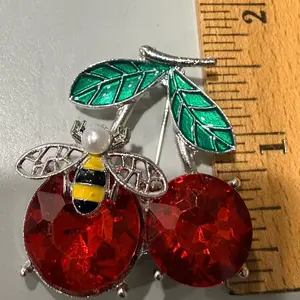 Goldtone Red Cherry Brooch with Bumblebee and Rhinestones