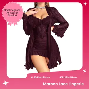 SULTRYGLOW Maroon 2-Piece 3D Floral Lace Lingerie Set Long-Sleeve Robe & Fishbone Waist Lace Camisole Nightgown Elegant Sleepwear for All Seasons Outerwear Polyester