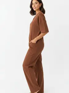 Women's Stretchy V-Neck Jumpsuit with Pockets, Comfortable Basic Casual Lady Overalls