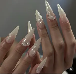JudithArtNail Handmade Mermaid Pearl White Stiletto Wedding Press on Nails