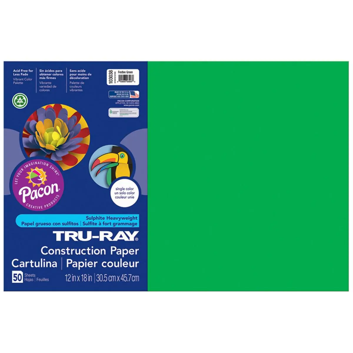 Pacon Tru Ray Festive Green Construction Paper - 12x18 in, Single Color, 5-Pack (50 Sheets Per Pack), 50% Recycled Fiber, Acid-Free, Fade-Resistant for Paper Crafts (Toys & Hobbies DIY Scrapbooking)