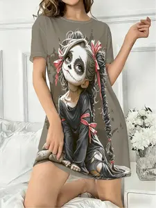 Women's Round Neck Short Sleeve Sleepwear, Dreamy Cartoon Cute Girls Front Back Printed Pajamas, Casual Fitted Home Clothes