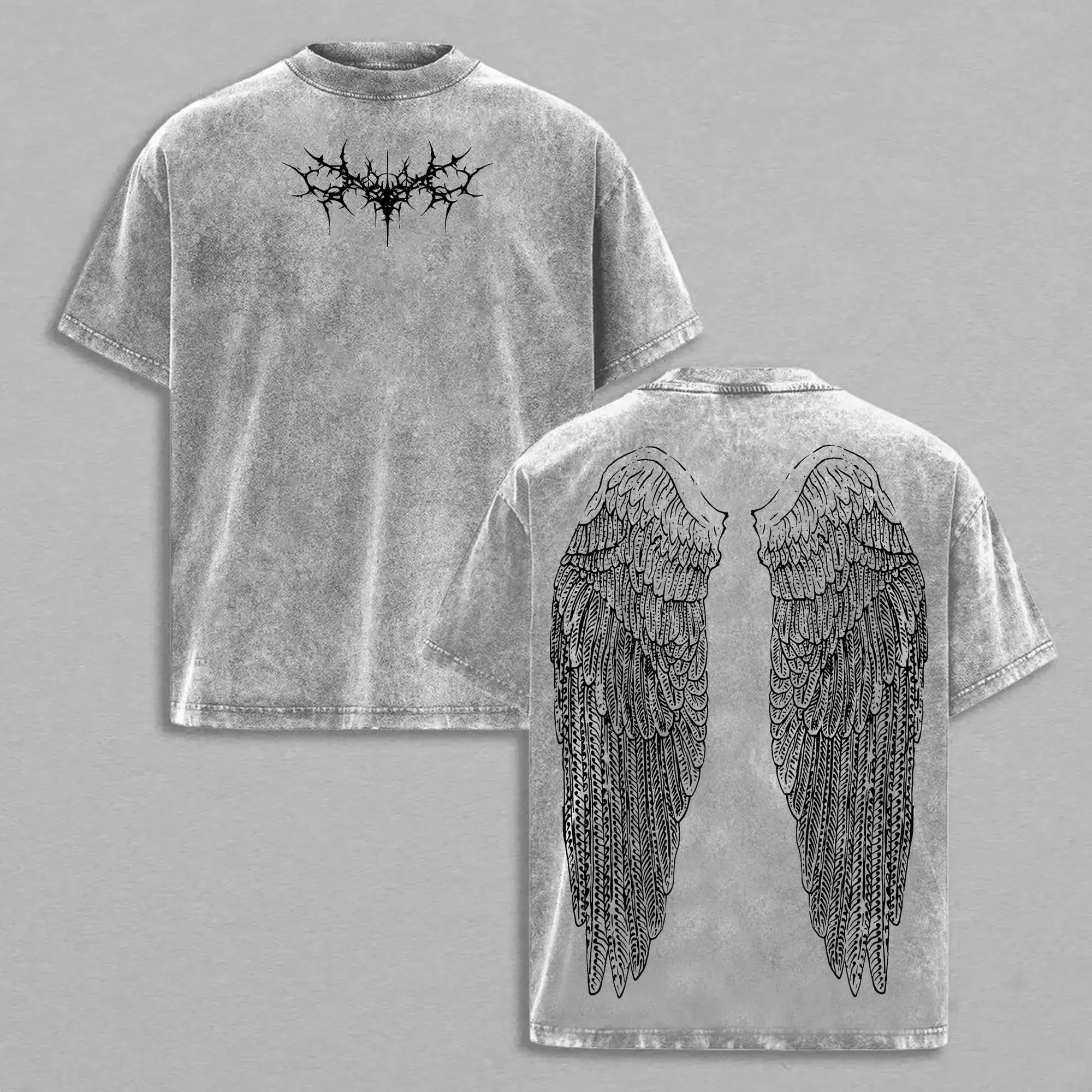 Y2K Gothic Wing T-Shirt – Dark Oversized Vintage Washed Tee | Angel Wing Graphic Shirt for Grunge Streetwear, Harajuku Aesthetic & Anime-Inspired Hypebeast Fashion | Heavyweight Unisex Top Apparel Soft