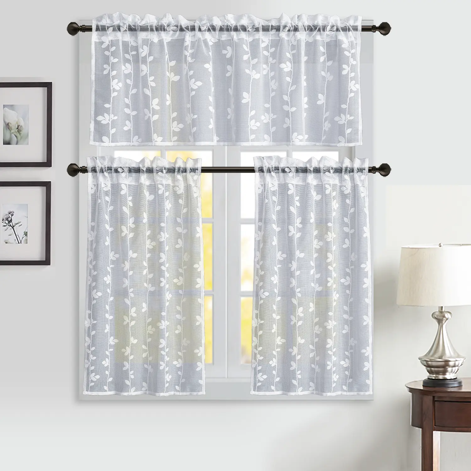 Classic White Willow Leaves Polyester 3-Panel Rod Pocket Semi Sheer Ready Made Curtain Set - 2-Piece Tiers & Valance, Breathable, Light Filtering, Privacy, Machine Washable, Cottage Style, Easy Install, Home Decorative, Lightweight Kitchen Curtains, Easy