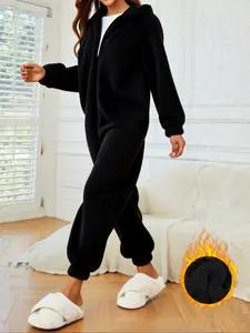 Plush Fleece Lined Zipper Jumpsuit, Thickened Fashion Hooded Long Sleeve Pants, Casual Sporty Home Wear, Outerwear Available
