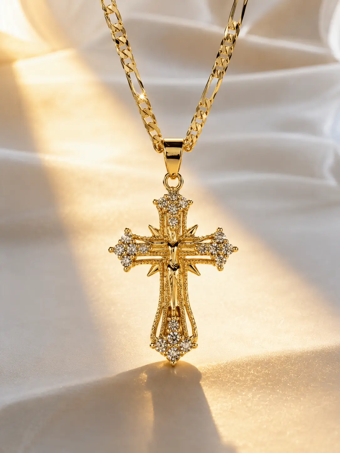 B 14K Gold Plated Jesus Cross Pendant Necklace, Christian Faith Jewelry for Women Men, Sparkling Crystal Cross Necklace, Religious Prayer Necklace, Trendy Gold Layering Necklace, Baptism Confirmation Graduation Gift, Everyday Christian Accessory
