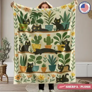 Funny Cats and Plants Blanket Cat Lover Sherpa Cat Plant Lady Gifts Succulent Plush Throw Gardener Cat Mom Gift Greenery Blanket Cat Blanket