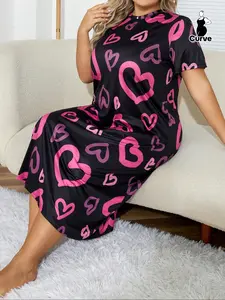 【Plus Size】 All Over Heart Print Round Neck Nightdress, Casual Soft Comfortable Short Sleeve Nightgown for Women, Women's Sleepwear & Loungewear for All Seasons