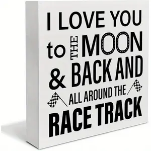 I Love You to the Moon and Back and All Around the Race Track Wood Box Sign Boys Room Decor Farmhouse Racing Checkered Flags Block Sign Home Playroom Desk Shelf Table Decorations 5x5 inch