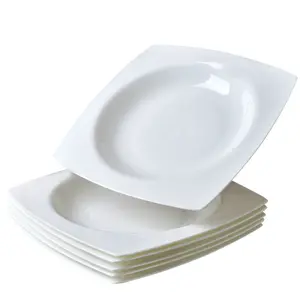 Fine Bone China Square Salad Plate Set for 6 White Ceramic Microwave Safe Dinnerware 9.25 inch No-spilling Design Stacking Friendly