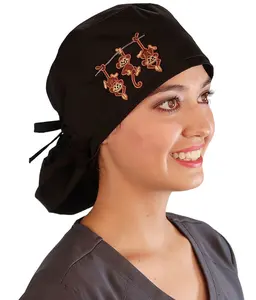 Big Hair Ponytail Scrub Cap for Long Hair - Three Monkeys Patch on Solid Black Cap