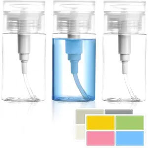 3 Pack Push Down Pump Dispenser,Clear Push Top Empty Bottles with DIY Stickers for , Polish,Makeup Remover,Toner (80ml)