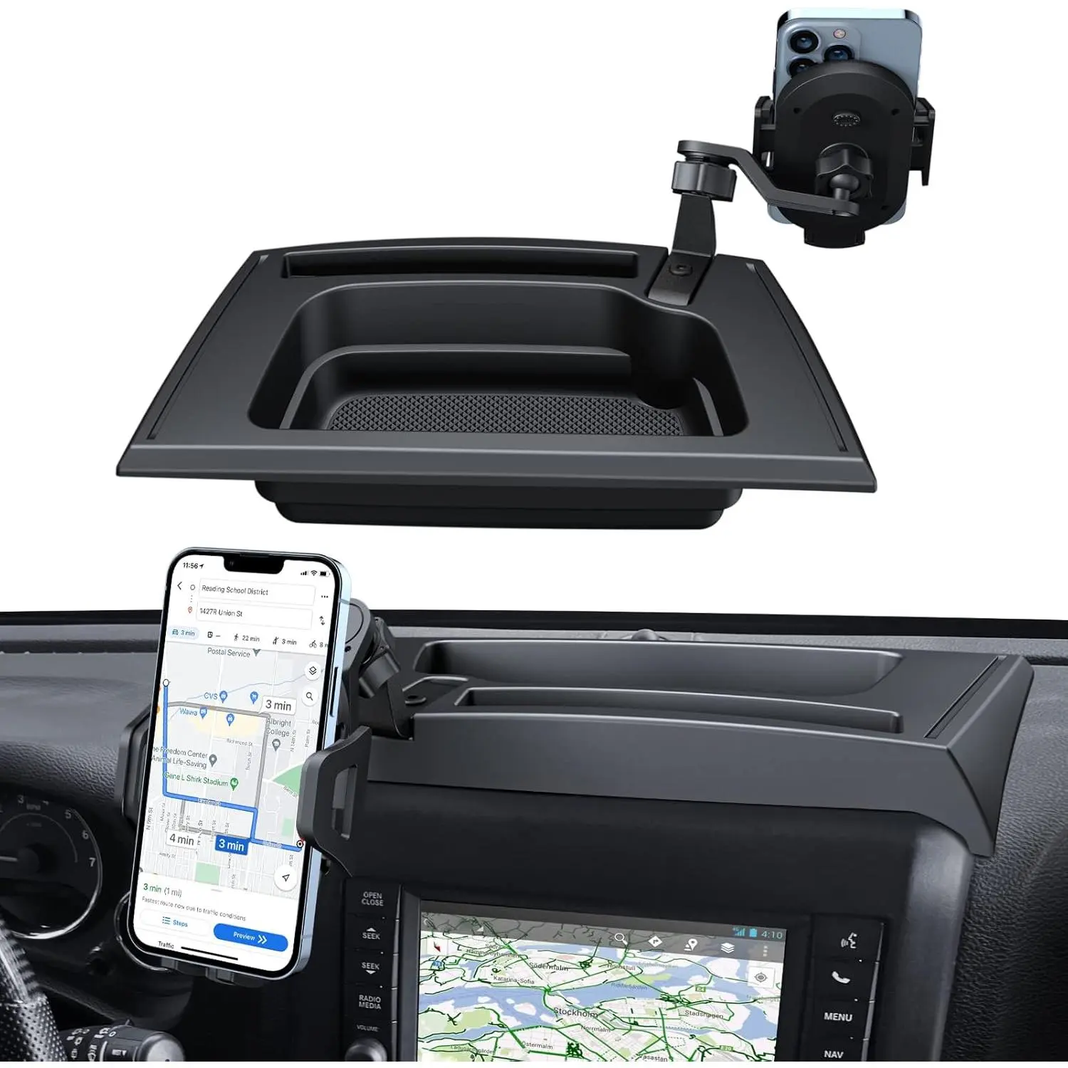 Upgraded Phone Mount for 2011-2018 Jeep Wrangler JK JKU, Multi-Mount Phone Holder Dash Tray Storage Box System Kit with Extension Arm Metal Rod Accessories