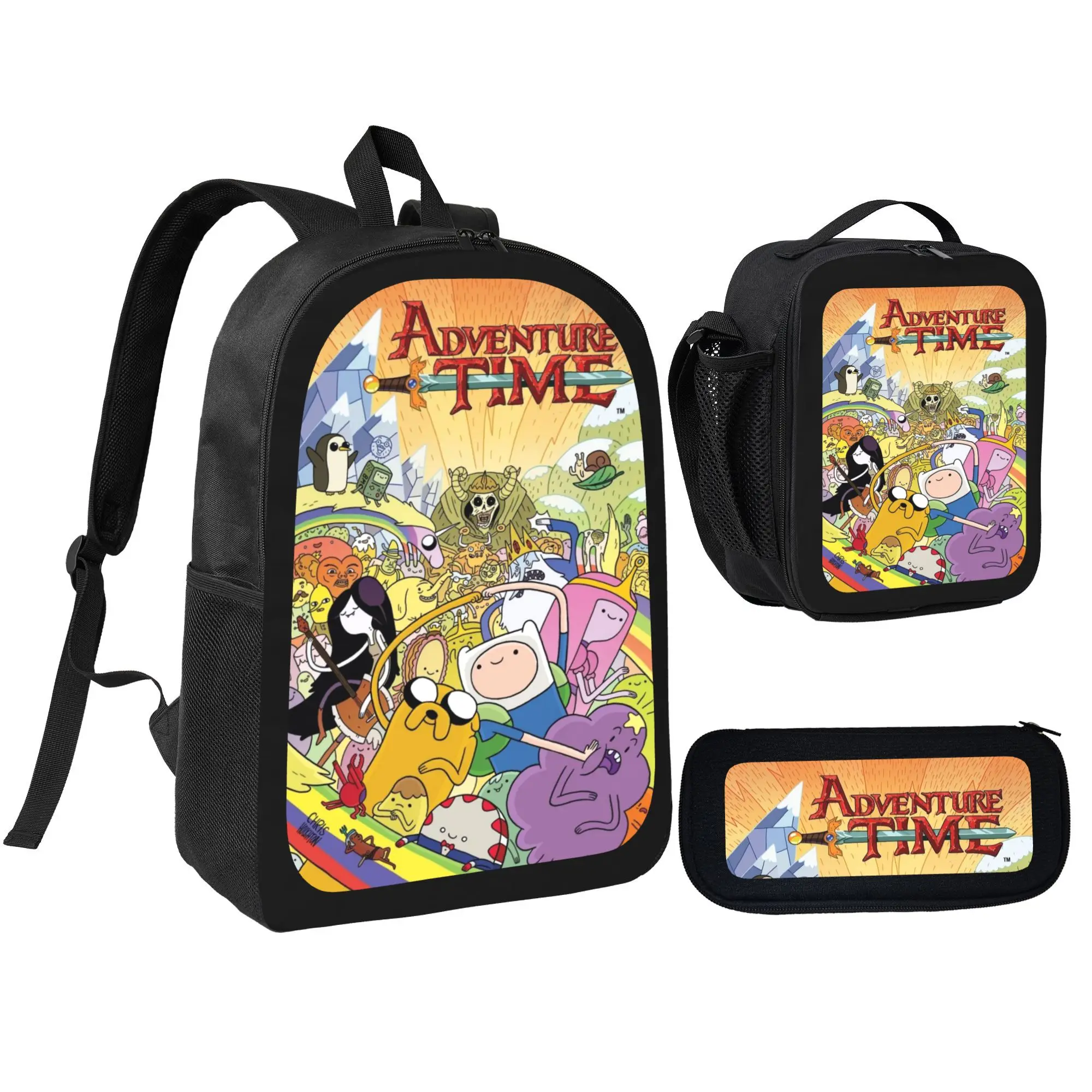 3 in 1 Adventure Time Retro Cartoon Themed School Supplies Set, Trendy Adventure Time Printed Backpack with Insulated Lunch Pouch and Stationery Bag, Durable Premium Fabric Daypack for Kids Teens Boys Girls Adventure Time Lovers