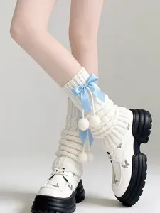 Women's Casual Fitted Blue Bowknot Knitted Leg Warmers Socks, Warm and Versatile Winter Accessories, All Seasons Fashion Footwear