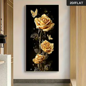 1Pcs Golden Rose Canvas Wall Art Modern Minimalist Living RoomGolden Rose Canvas Wall Art Modern Minimalist Living Room Corridor Background Wall Hanging Painting Luxury Butterfly Flower Mural Home Decor