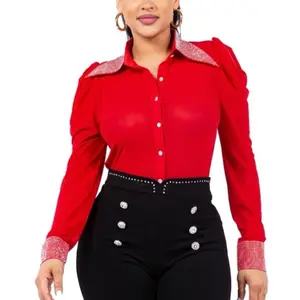 Gaby Top - MESH EMBELLISHED COLLARED SHIRTS  Sheer Mesh fabric Embellished Cubic-Pearl; Collared neck line Cubic button down shirts Long sleeve; Puff sleeves Fabric Contents:  95% Polyester 5% Spandex